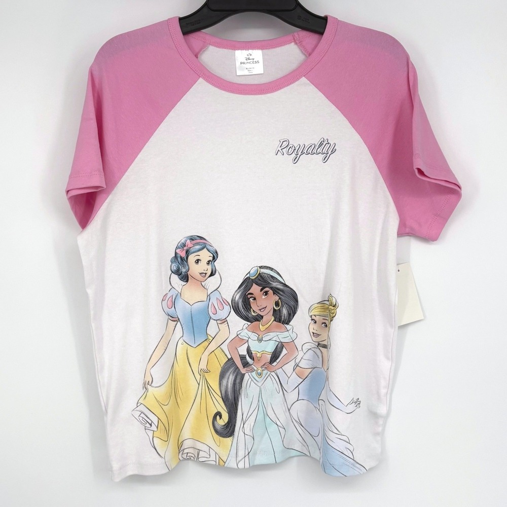 Disney Princess T-Shirt White Pink Watercolor Raglan Royalty Girls XL 14/16 NEW